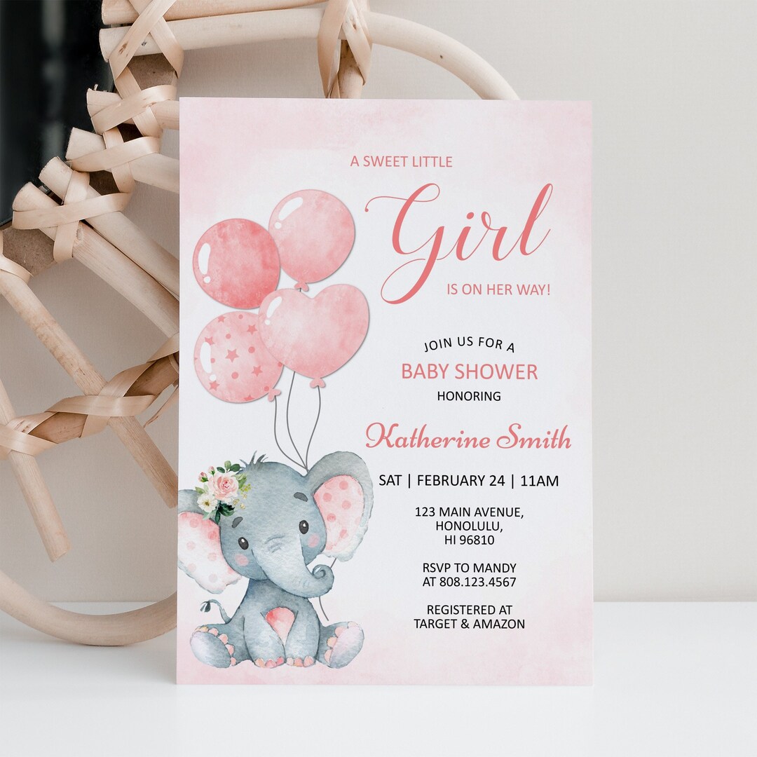 Editable Pink Elephant Baby Shower Invitation Template, Digital ...