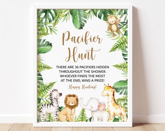 Juego de búsqueda de chupetes para baby shower en la jungla, animales de safari, imprimible, no editable, 0127