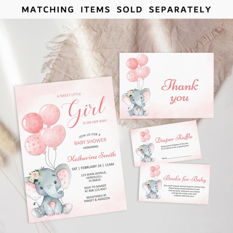 Editable Pink Elephant Baby Shower Invitation Template, Digital ...