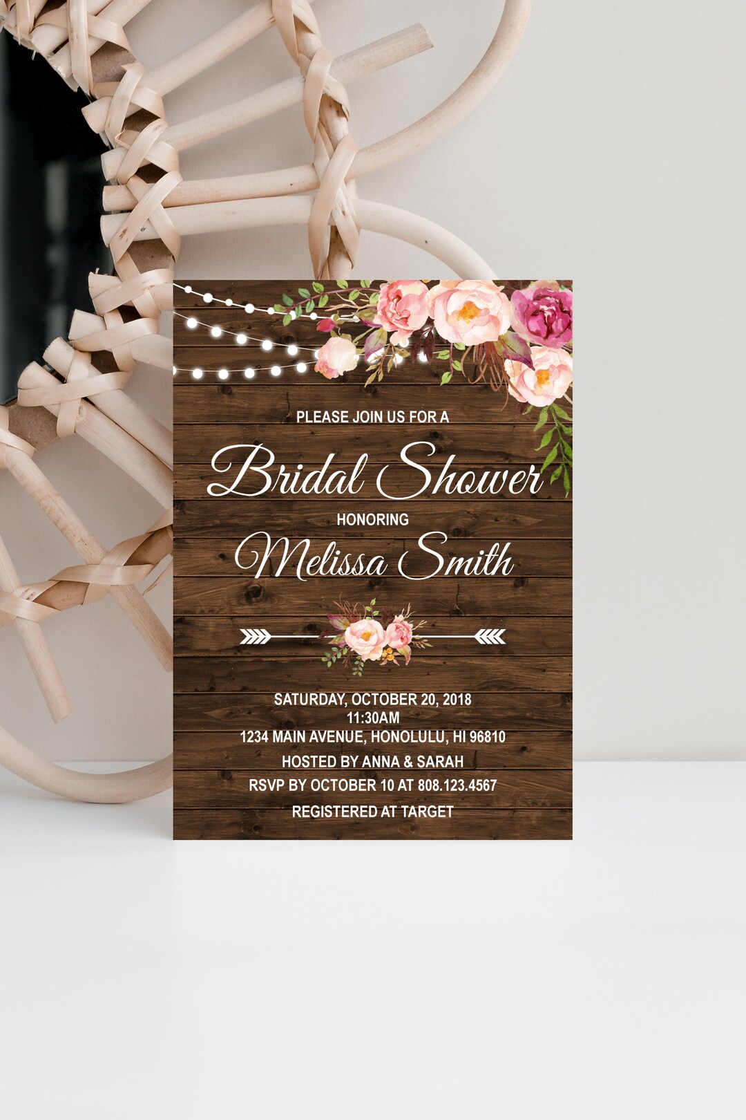 CUSTOM Bridal Shower Invitation Pink Floral Boho Rustic Bridal Shower Wedding Shower Invite ...