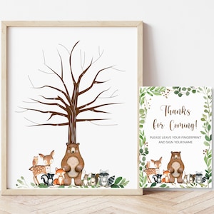 Thumbprint Guestbook Fingerprint Tree Printable Woodland Baby Shower Birthday Keepsake Greenery Woodland Animals NOT Editable 0120