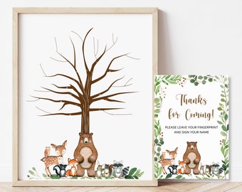 Thumbprint Guestbook Fingerprint Tree Printable Woodland Baby Shower Birthday Keepsake Greenery Woodland Animals NOT Editable 0120