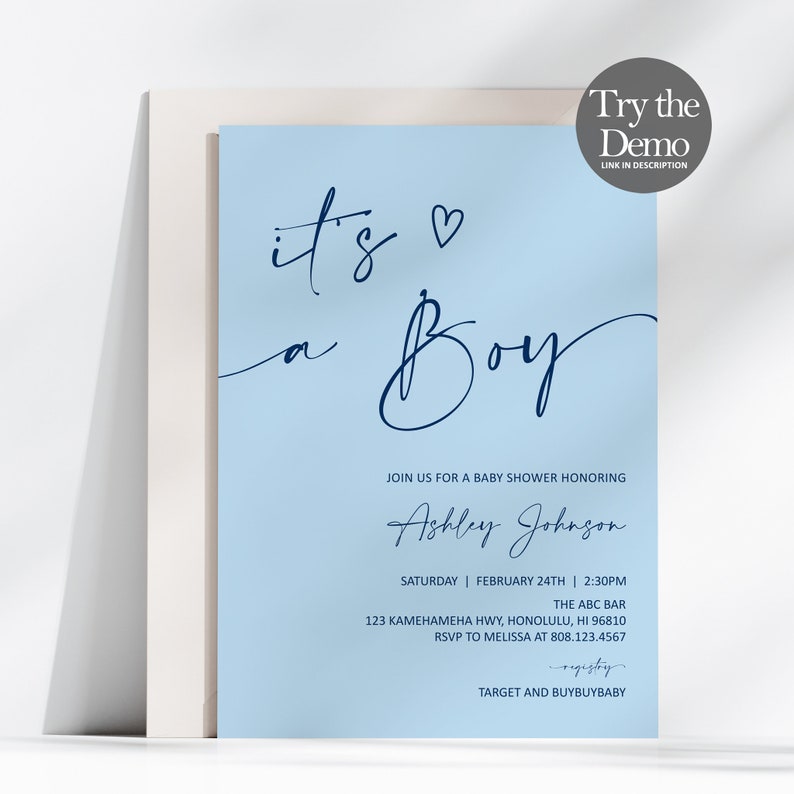 Op de afbeelding: Een uitnodiging voor een babyshower met een lichtblauwe achtergrond en donkerblauwe tekst. De tekst luidt "It's a Boy" en bevat details over het evenement, zoals datum, tijd, locatie en RSVP-informatie.