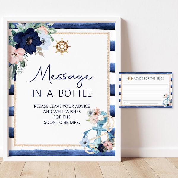 Message In A Bottle Sign Advice For The Bride Cards Nautical Bridal Shower Anchor Bridal Shower Advice Cards Printable NOT Editable B17