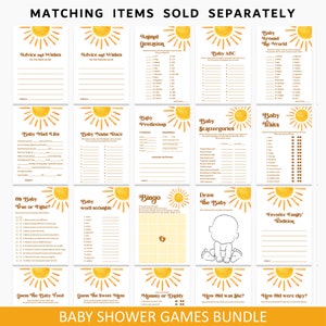K&ouml;nnte beinhalten: Ein Set mit 12 druckbaren Babyparty-Spielen mit einem gelben Sonnenmotiv. Die Spiele beinhalten "Baby Mad Libs", "Baby Name Race", "Baby Predictions", "Baby Scattergories", "Baby Traits", "Oh Baby True or False", "Baby Word Scramble", "Bingo", "Draw the Baby", "Favorite Family Tradition", "Guess the Baby Food", "Guess the Sweet Mess", "Mommy or Daddy", "How Old Was She?", and "How Old Were They?"