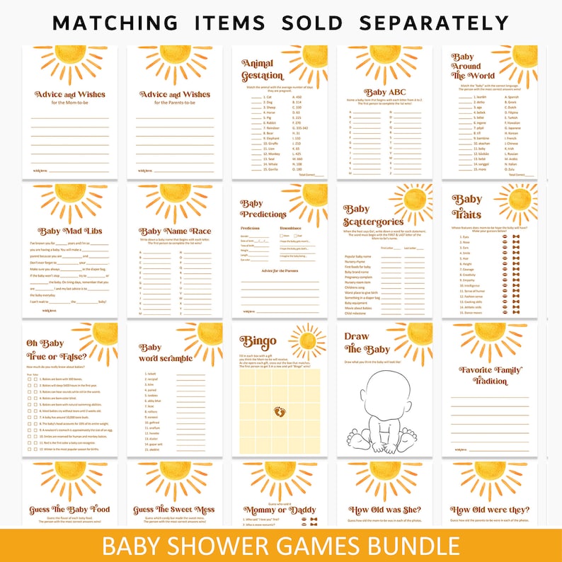 K&ouml;nnte beinhalten: Ein Set mit 12 druckbaren Babyparty-Spielen mit einem gelben Sonnenmotiv. Die Spiele beinhalten "Baby Mad Libs", "Baby Name Race", "Baby Predictions", "Baby Scattergories", "Baby Traits", "Oh Baby True or False", "Baby Word Scramble", "Bingo", "Draw the Baby", "Favorite Family Tradition", "Guess the Baby Food", "Guess the Sweet Mess", "Mommy or Daddy", "How Old Was She?", and "How Old Were They?"