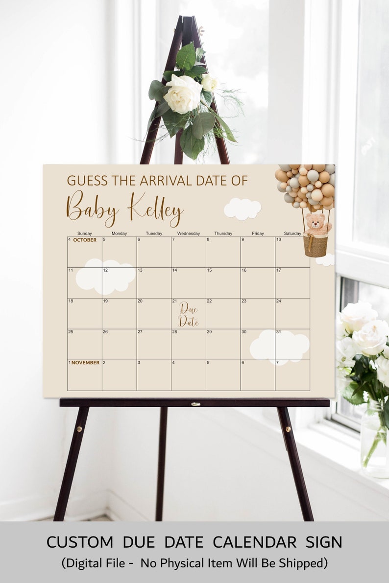 Bear Baby Due Date Calendar Game Hot Air Balloon Teddy Bear Baby Shower We Can Bearly Wait Guess Baby's Birthday Game Printable C14 image 2