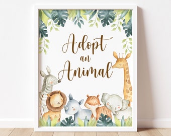 Jungle Safari Adopt An Animal Sign Birthday Baby Shower Animals Wild One Birthday Party Decor Printable NOT Editable A7 C7