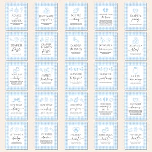 May include: A collection of baby shower game cards with a blue gingham pattern background. Each card features a different game, such as "Advice & Wishes," "Baby Name Suggestions," and "Diaper Raffle." The text is in a handwritten style font.