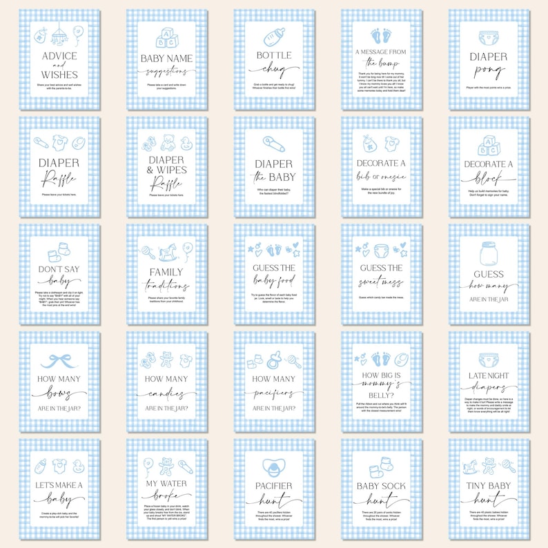 May include: A collection of baby shower game cards with a blue gingham pattern background. Each card features a different game, such as "Advice & Wishes," "Baby Name Suggestions," and "Diaper Raffle." The text is in a handwritten style font.
