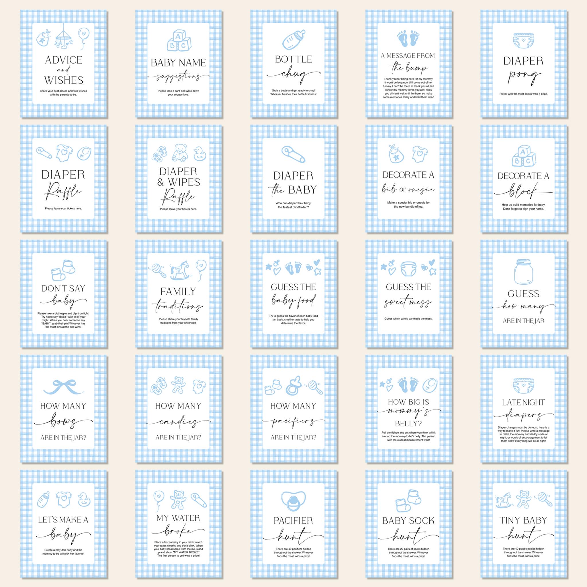 Editable Boy Baby Shower Games, Blue Gingham Baby Game Bundle Printable ...