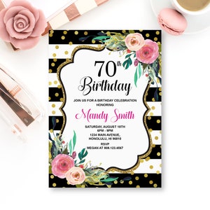 70th Birthday Invitation Women Birthday Invitation Pink Floral Modern Black & White Invite Custom Printable Digital File A11 image 1