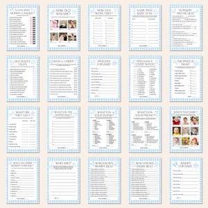 May include: A collection of baby shower game cards with a blue gingham border. The cards feature various games like "Guess Who Mommy & Daddy?", "How Old Was She?", and "Nursery Rhyme Quiz". Each card has a title and space for answers.