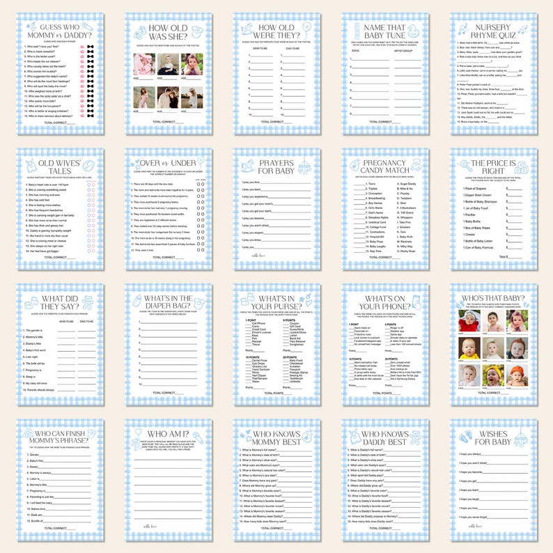 May include: A collection of baby shower game cards with a blue gingham border. The cards feature various games like "Guess Who Mommy & Daddy?", "How Old Was She?", and "Nursery Rhyme Quiz". Each card has a title and space for answers.