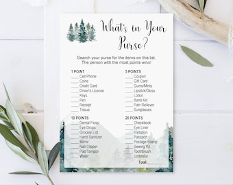 Whats in Your Purse Game Bridal Shower Game Printable Adventure Mountains Greenery Forest Trees Wedding Shower Game NOT Editable B96