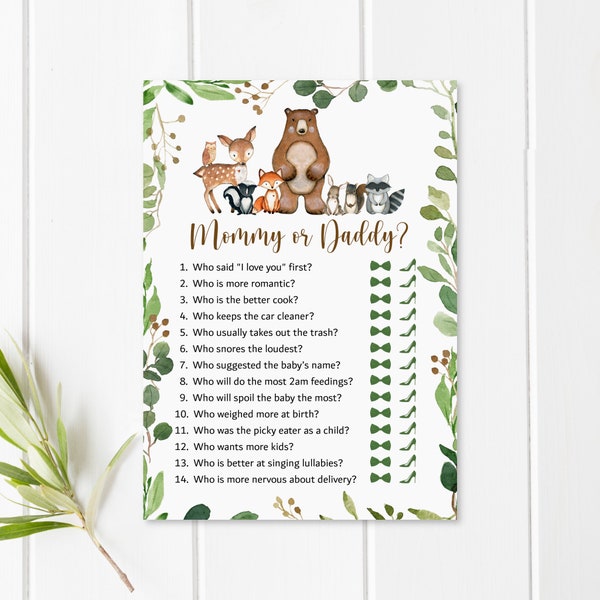 Mommy or Daddy Game Woodland Baby Shower Game Greenery Woodland Animals Baby Shower Forest Animals Game Printable NOT Editable 0120