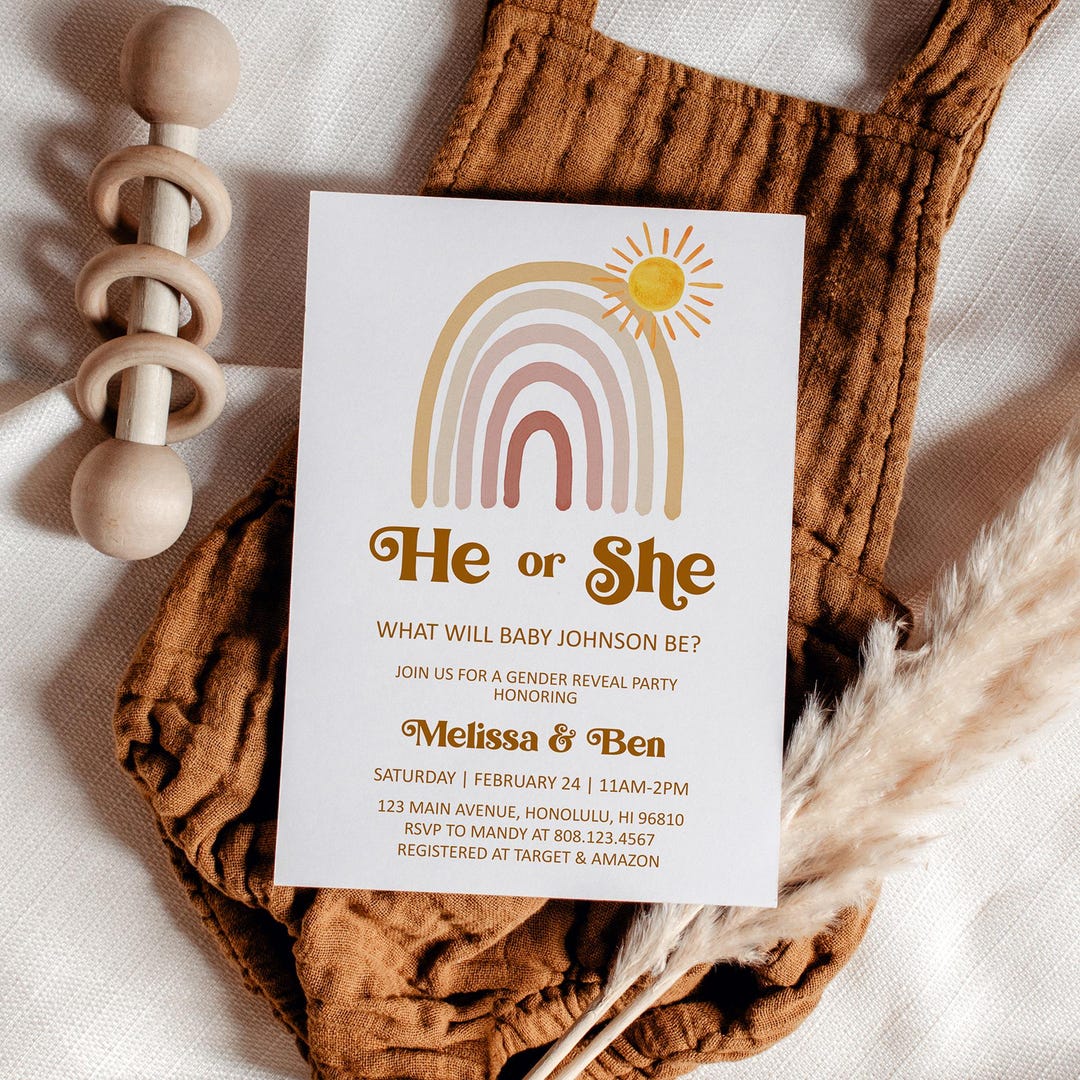 Editable Gender Reveal Invitation He or She Baby Shower Invite Boho Sun ...