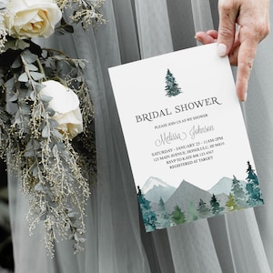 Mountains Bridal Shower Invitation Outdoor Theme Forest Trees Adventure Mountain Bridal Shower Wedding Shower Personalized Invitation B96 image 3