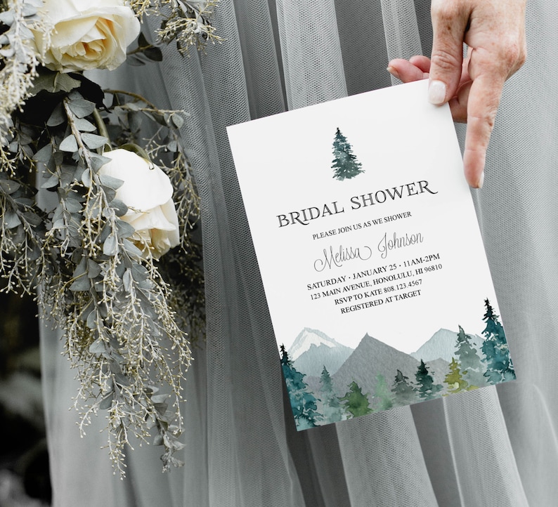 Mountains Bridal Shower Invitation Outdoor Theme Forest Trees Adventure Mountain Bridal Shower Wedding Shower Personalized Invitation B96 image 3
