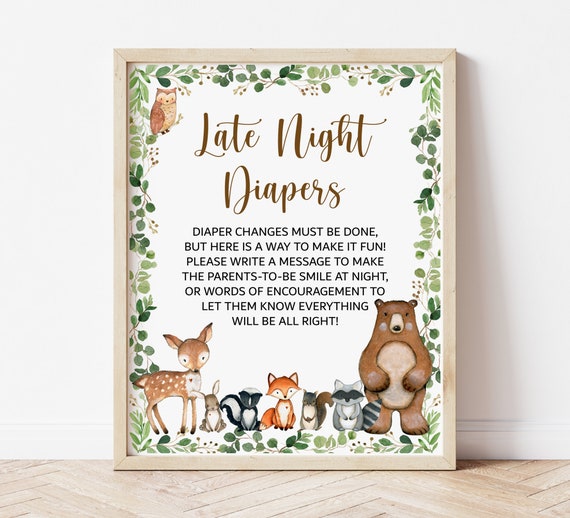 Late Night Diapers Sign Woodland Baby Shower Sign Greenery Woodland Animals Baby Shower Activity Game Sign Printable NOT Editable C1 Il_570xn