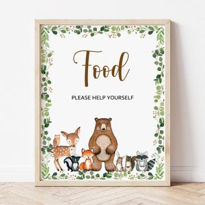 Cartello per cibo del bosco, animali del bosco, cartello per tavolo per cibo per baby shower, compleanno del bosco, stampabile, NON modificabile 0120