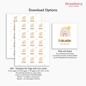 May include: Printable rainbow and sun sticker sheet with the text "Editable" and "Your Text Here". The sheet includes 15 stickers in 2-inch, 12 stickers in 2.5-inch, and 6 stickers in 3-inch sizes. The stickers are designed for use on 8.5x11 inch paper or A4 paper.