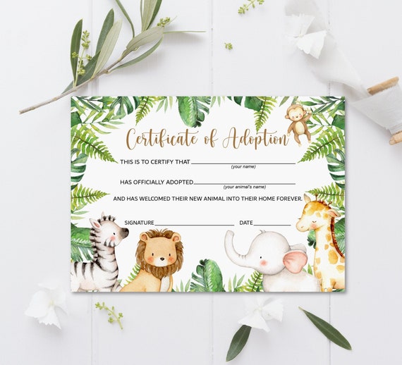 Adopt an Animal Adoption Certificate Safari Birthday Safari Animals Wild One Zoo Jungle Animals Birthday Printable  0127