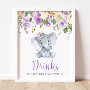 Framed printable Drinks Please Help Yourself sign featuring a cute purple floral elephant and watercolor flowers.