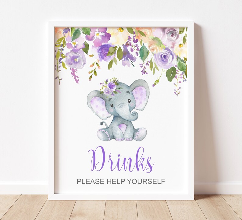 Drinks Sign Purple Elephant Baby Shower Birthday Sign Drink Station Table Sign Printable Instant Download A79 C67
