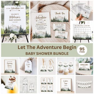 Editable Let The Adventure Begin Forest Baby Shower Bundle Mountain Baby Shower Invitation Games Signs Decor Printable Template Corjl 0124