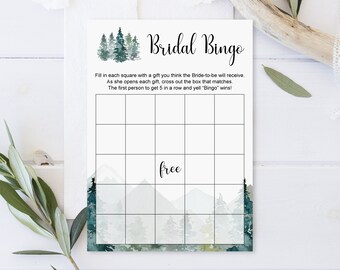 Mountain Bridal Shower Bingo Cards Bridal Bingo Printable Blank Bingo Template Rustic Pine Trees NOT Editable B96