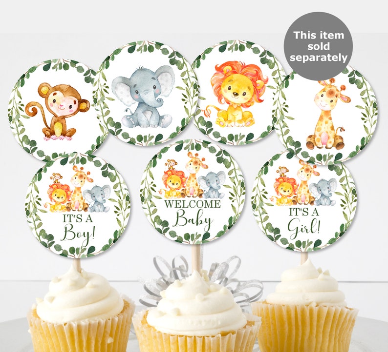 May include: Set of 7 jungle animal themed cupcake toppers. The toppers feature a lion, giraffe, elephant, monkey, and the text "Welcome Baby", "It's a Boy!" and "It's a Girl!"