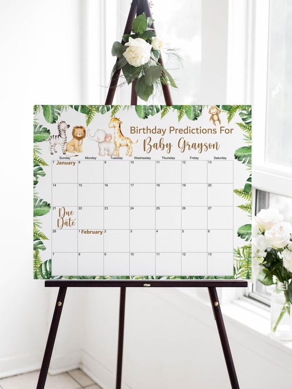 Custom Jungle Baby Shower Baby Due Date Calendar Game Safari Baby Shower Game Guess Baby's Birthday Game Printable 0127