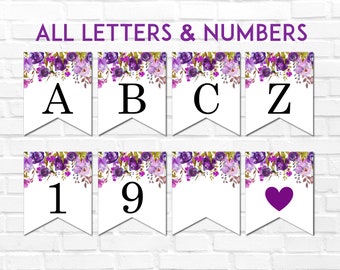 Purple Floral Printable Banner Alphabet A-Z & Numbers Boho Flowers Flag Bridal Shower Baby Shower Birthday Decorations