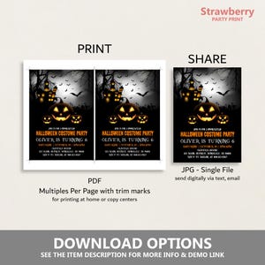 May include: Halloween costume party invitation featuring a spooky design with jack-o'-lanterns, a haunted house, and bats. The invitation includes party details and download options for print and share formats.