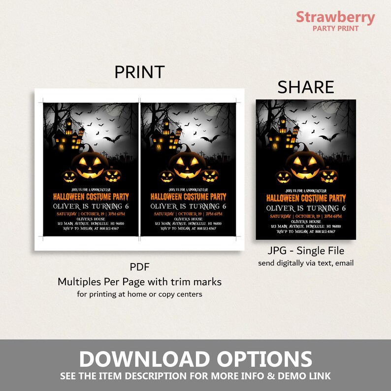 May include: Halloween costume party invitation featuring a spooky design with jack-o'-lanterns, a haunted house, and bats. The invitation includes party details and download options for print and share formats.
