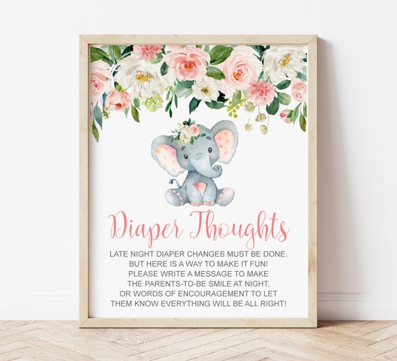 Elephant Baby Shower Diaper Thoughts Sign Late Night Diapers Sign Printable Diaper Message Blush Pink Floral NOT Editable C80 Il_570xn