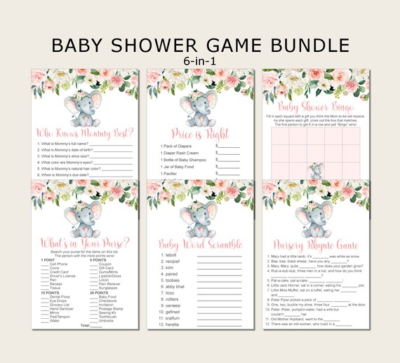 Elephant Baby Shower Games Mom and Baby Elephant Set of 8 Instant Print Party Games Printable Baby Shower Games Bundle