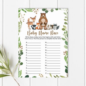 May include: A printable baby shower game with a woodland theme. The game is called "Baby Name Race" and instructs players to write down a baby name that begins with each letter of the alphabet. The game features a cute illustration of a bear, deer, fox, owl, raccoon, and skunk.