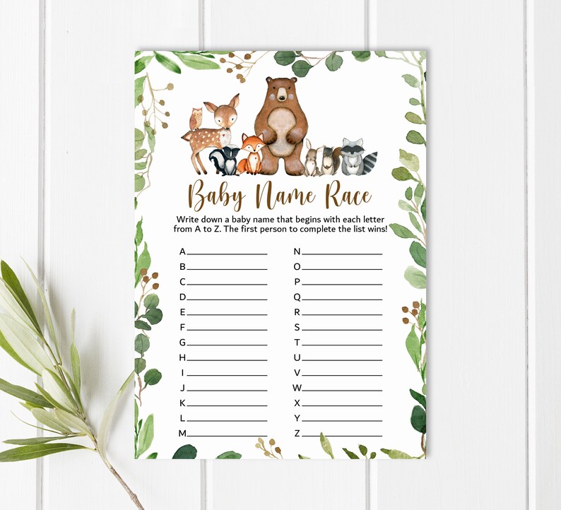 May include: A printable baby shower game with a woodland theme. The game is called "Baby Name Race" and instructs players to write down a baby name that begins with each letter of the alphabet. The game features a cute illustration of a bear, deer, fox, owl, raccoon, and skunk.