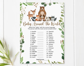 Baby Around The World Game Woodland Baby Shower Game Greenery Woodland Animals Forest Baby Shower Game Printable NOT Editable 0120