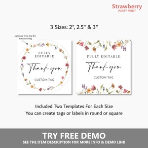 Pode incluir: Dois modelos imprim&iacute;veis para criar etiquetas de agradecimento redondas e quadradas. As etiquetas apresentam um design de coroa de flores com o texto "Totalmente edit&aacute;vel Obrigado Etiqueta personalizada". Os modelos est&atilde;o dispon&iacute;veis em tr&ecirc;s tamanhos: 5 cm, 6,35 cm e 7,62 cm.