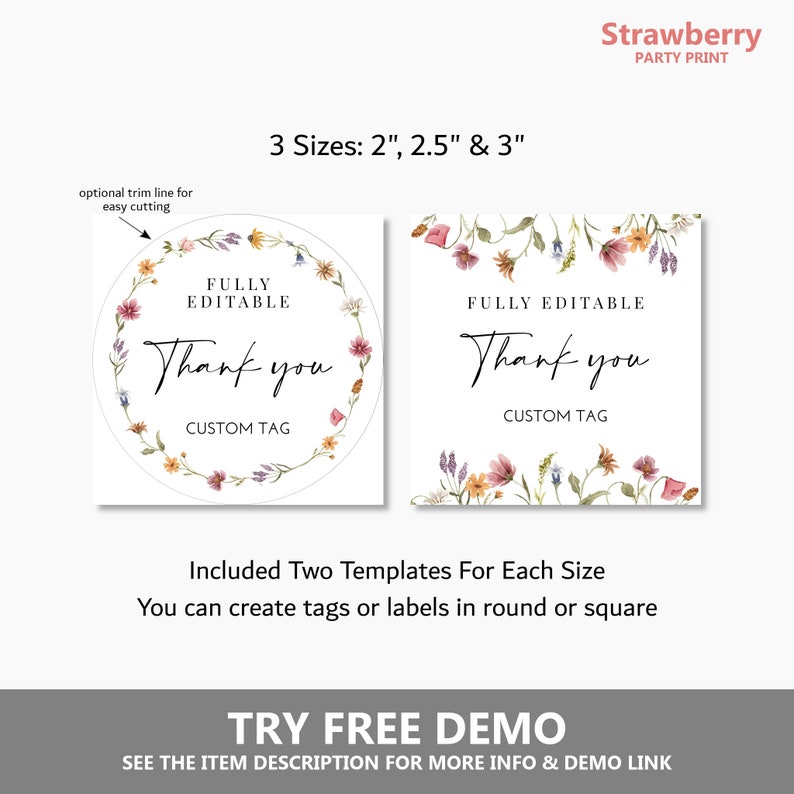 Pode incluir: Dois modelos imprim&iacute;veis para criar etiquetas de agradecimento redondas e quadradas. As etiquetas apresentam um design de coroa de flores com o texto "Totalmente edit&aacute;vel Obrigado Etiqueta personalizada". Os modelos est&atilde;o dispon&iacute;veis em tr&ecirc;s tamanhos: 5 cm, 6,35 cm e 7,62 cm.