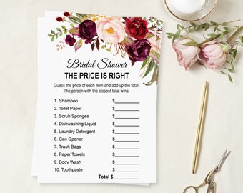 The Price is Right Bridal Shower Game Burgundy Bridal Shower Game Boho Pink Floral Guess The Price Game Printable NOT Editable B61