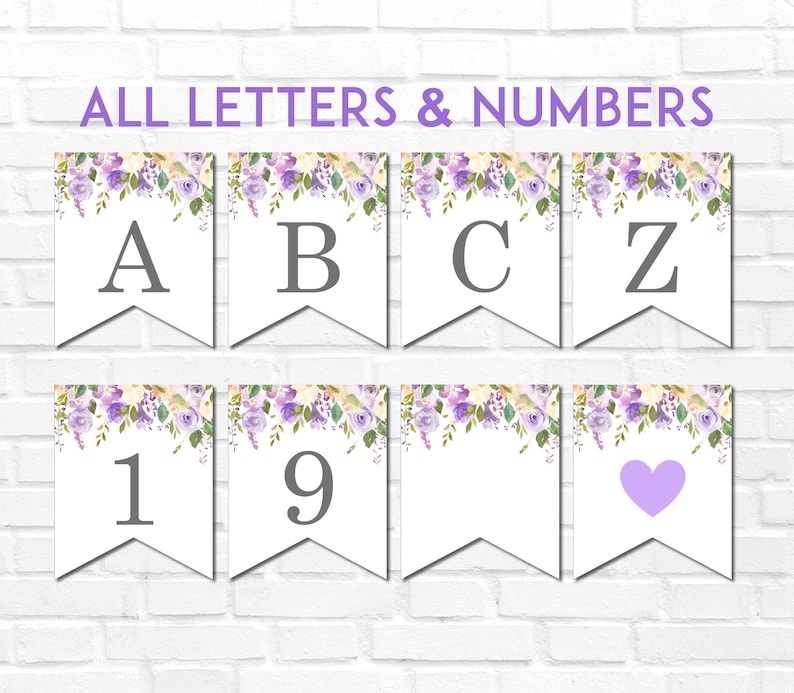 purple floral printable banner alphabet a z numbers lilac etsy