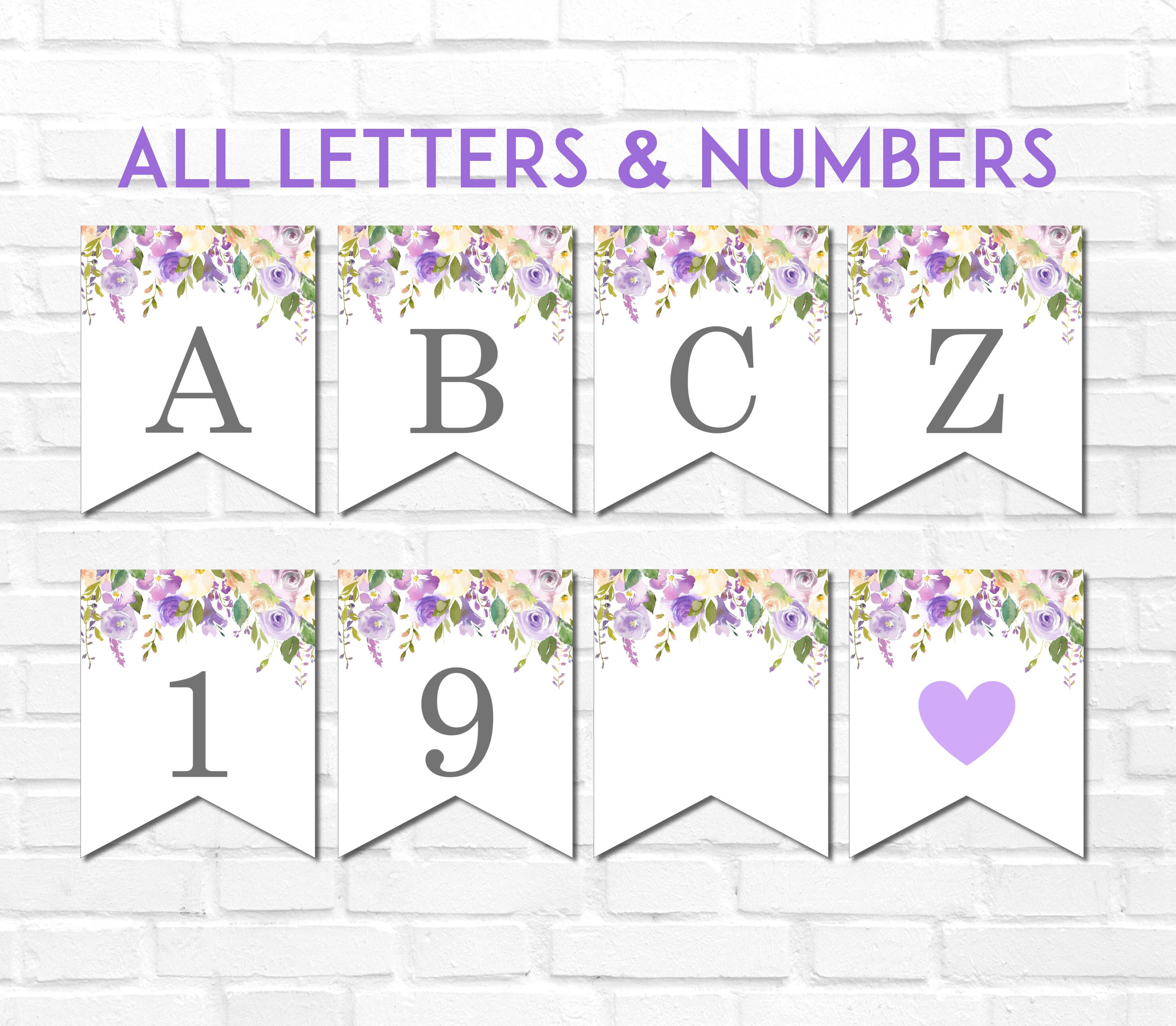purple floral printable banner alphabet a z numbers lilac etsy
