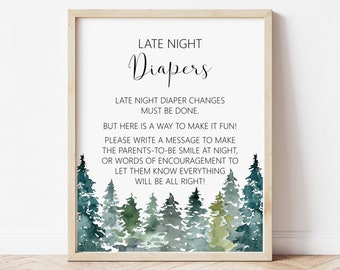 Late Night Diapers Sign Diaper Thoughts Mountains Trees Woodland Rustic Winter Baby Shower Sign Game Activity Printable NOT Editable C90