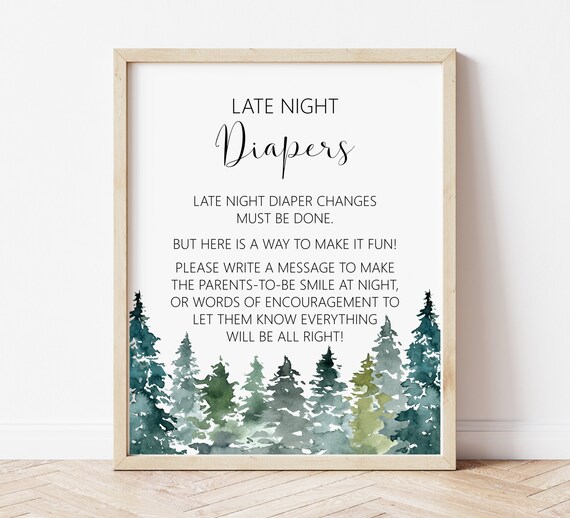 Late Night Diapers Sign Diaper Thoughts Mountains Trees Woodland Rustic Winter Baby Shower Sign Game Activity Printable NOT Editable C90 Il_570xn