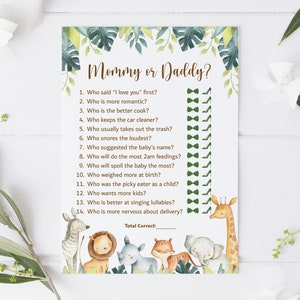 Puede incluir: Un juego de baby shower imprimible con tem&aacute;tica de la selva. El juego hace 14 preguntas sobre los futuros padres, con opciones para "Mam&aacute;" o "Pap&aacute;". Las preguntas incluyen qui&eacute;n dijo "Te amo" primero, qui&eacute;n es m&aacute;s rom&aacute;ntico, qui&eacute;n es el mejor cocinero y qui&eacute;n est&aacute; m&aacute;s nervioso por el parto. El juego presenta ilustraciones de una cebra, un le&oacute;n, un rinoceronte, un elefante y una jirafa.