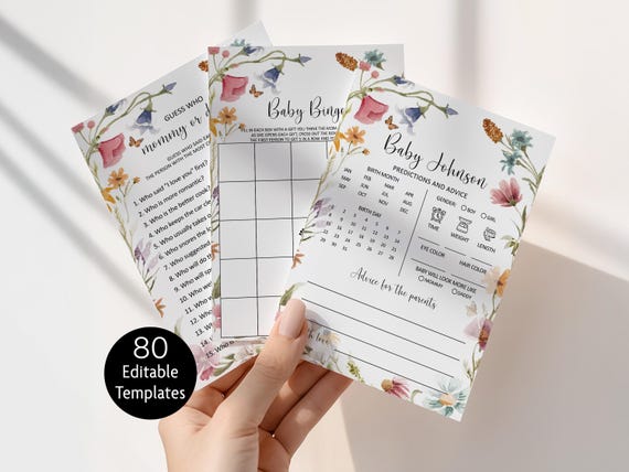 Editable Wildflower Baby Shower Games Bundle, Floral Baby in Bloom Printable Corjl Template 0123